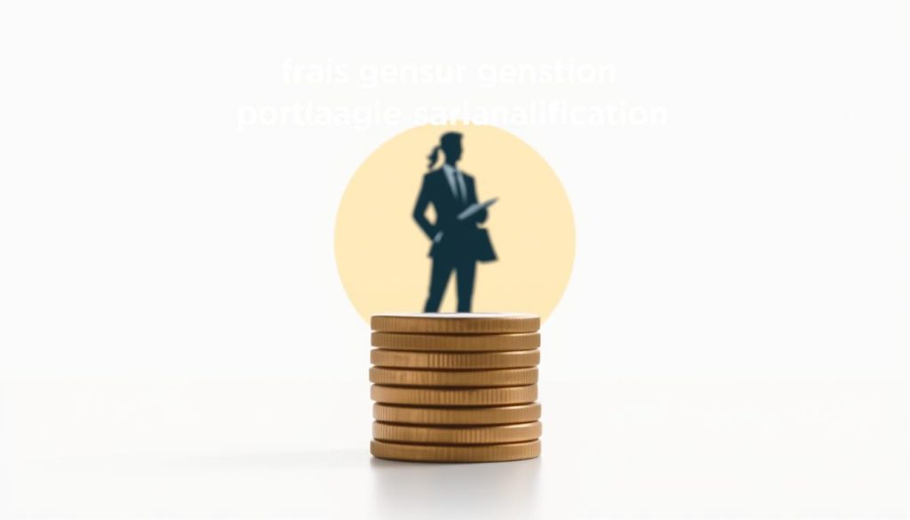 A modern, minimalist illustration depicting the concept of "frais gestion portage salarial". In the foreground, a clean, geometric composition showcases a stack of coins, representing the financial aspect. The middle ground features a silhouette of a professional figure, symbolizing the management and administration of the portage salarial service. The background subtly displays the UMALIS GROUP logo, emphasizing the brand's expertise in this domain. The overall mood is one of precision, efficiency, and financial transparency, reflecting the "Comprendre les frais de gestion et la tarification" section of the article.