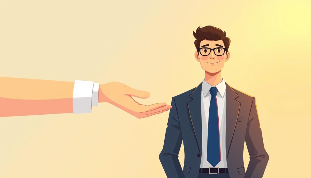 A modern, minimalist illustration depicting the concept of "portage salarial auto-entrepreneur". In the foreground, a professional-looking person in a suit and tie stands confidently, representing the auto-entrepreneur. In the middle ground, a supportive hand extends from the side, symbolizing the "portage salarial" or employee leasing arrangement. The background features the Umalis Group logo, subtly indicating the connection to their services. The overall mood is one of empowerment, flexibility, and the synergy between these two complementary business models. Warm, natural lighting casts a glow over the scene, creating a sense of optimism and progress.