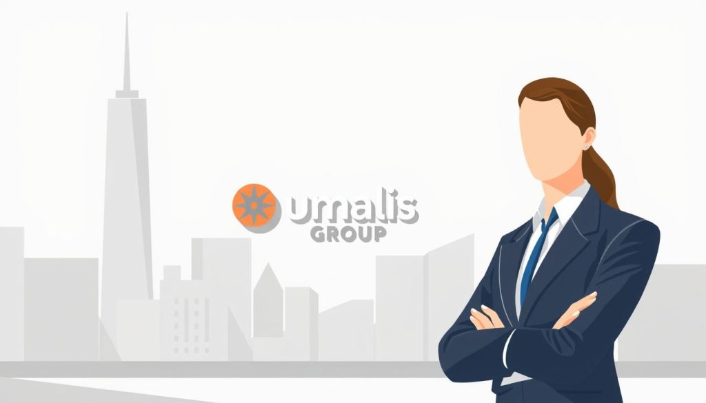 A modern, minimalist illustration depicting the concept of "portage salarial" or employee leasing. In the foreground, a well-dressed businessperson stands confidently, representing the employee. In the middle ground, the Umalis Group logo is prominently displayed, symbolizing the service provider facilitating the employment arrangement. The background features a clean, geometric cityscape with muted tones, evoking a professional, corporate atmosphere. The lighting is soft and directional, creating subtle shadows that add depth and dimension to the scene. The overall mood is one of clarity, efficiency, and the empowerment of the employee through the "portage salarial" solution.