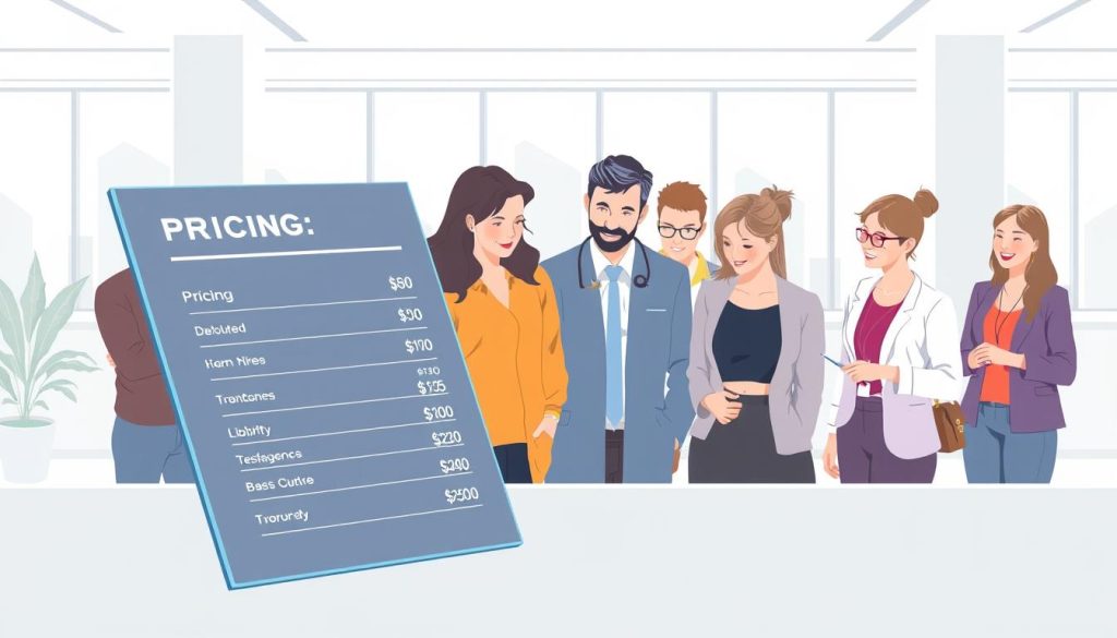 A modern, minimalist illustration depicting the concept of price and service transparency. In the foreground, an isometric view of a product pricing display with clearly labeled, simple line-item costs. In the middle ground, a group of diverse customers examining the display, expressions conveying understanding and satisfaction. The background features a clean, minimalist office or storefront interior, with ample natural lighting filtering through large windows. The overall palette is bright, airy, and professional, reflecting a sense of openness and trustworthiness. The composition emphasizes the centrality of the transparent pricing information, with the customer reactions highlighting its importance.