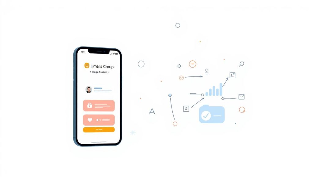 A modern, minimalist illustration depicting the digital management of freelance employment services. In the foreground, a smartphone or tablet displays the Umalis Group's online platform, showcasing the streamlined process of remote payroll administration. In the middle ground, abstract shapes and geometric patterns symbolize the interconnected, cloud-based nature of the service. The background features a neutral, clean color palette that conveys a sense of efficiency and professionalism. The overall composition should reflect the smooth, technology-driven approach to "portage salarial" or freelance employment management.