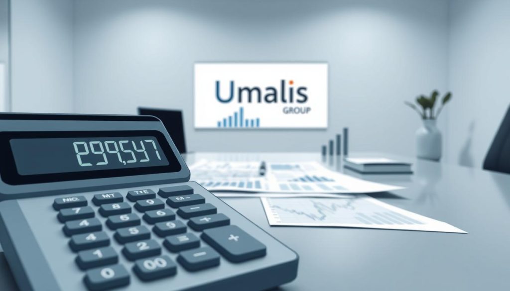 A modern, minimalist illustration depicting the financial guarantee calculation in a professional portage salarial setting. In the foreground, a calculator with an electronic display shows numerical calculations. In the middle ground, financial documents, graphs, and charts are neatly arranged on a sleek desk, representing the complex analysis behind the guarantee. In the background, the Umalis Group logo is subtly integrated, signifying the trusted provider of this portage salarial service. The scene is illuminated by soft, indirect lighting, creating a sense of professionalism and attention to detail. The overall mood is one of precision, transparency, and financial security.