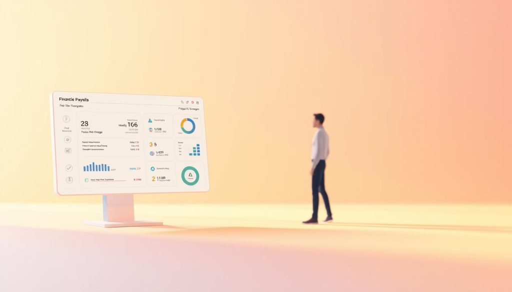 A modern, minimalist illustration depicting the financial management aspects of the UMALIS GROUP's payroll services. In the foreground, a clean, geometric interface showcases various controls and metrics related to handling payroll charges and deductions. The middle ground features a simplified human figure interacting with the interface, conveying the ease of use. The background is a soft, blurred gradient, placing emphasis on the core information. Warm, directional lighting casts subtle shadows, enhancing the depth and tangibility of the scene. The overall aesthetic is professional, data-driven, and streamlined, reflecting the precision and expertise of the UMALIS GROUP's payroll management solutions.