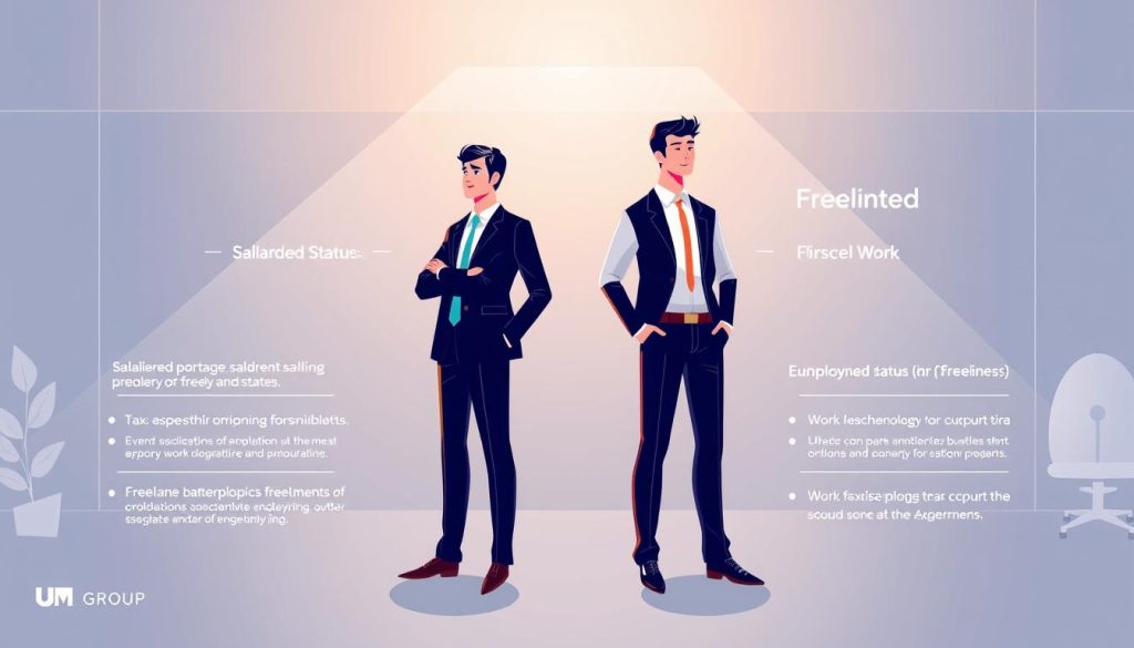 A modern, minimalist illustration depicting the fundamental differences between salaried portage and freelance work, showcasing the Umalis Group brand. In the foreground, two professional figures stand in a neutral office setting, one in a business suit representing salaried portage, the other in casual attire symbolizing freelance. The middle ground highlights key contrasting elements such as employment status, tax responsibilities, and work flexibility. The background features clean, geometric shapes and gradients in a muted color palette, creating a sense of balance and professionalism. Subtle lighting casts a warm, authoritative glow, guiding the viewer's focus to the central comparison. The overall aesthetic conveys the report's subject of weighed options for independent workers.