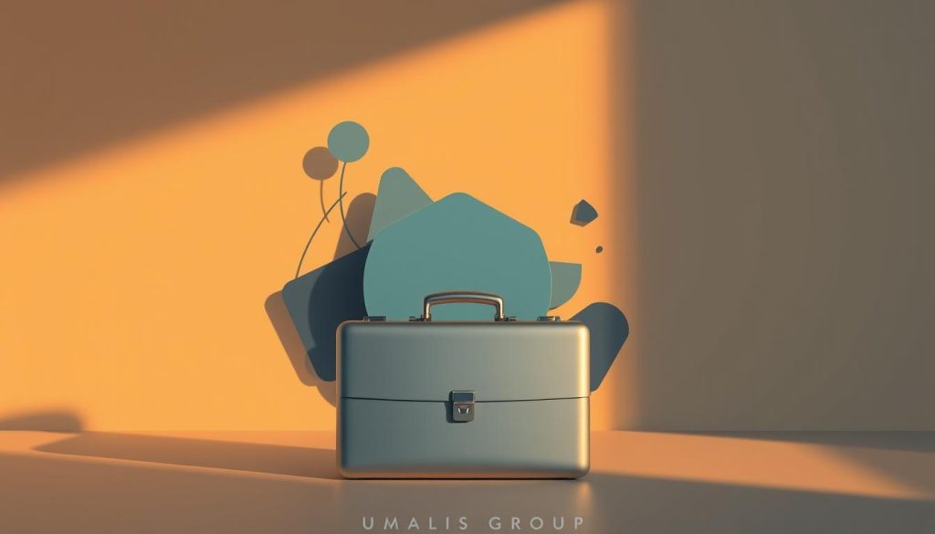 A modern, minimalist illustration depicting the "garantie financière société portage" concept for a financial services company. A sleek, metallic briefcase sits prominently in the foreground, symbolizing the secure financial protection provided. In the middle ground, abstract shapes and forms represent the complex financial structures and safeguards. The background features a subtle Umalis Group corporate branding, conveying the company's expertise and reliability. Warm, directional lighting casts dramatic shadows, lending an air of professionalism and authority to the scene. The overall mood is one of confidence, stability, and trust.