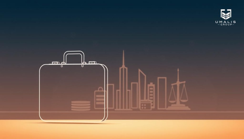 A modern, minimalist illustration depicting the legal framework of a French "portage salarial" system. In the foreground, a clean wireframe model of a briefcase or portfolio, symbolizing the legal and contractual aspects. In the middle ground, a minimalist cityscape with sleek, contemporary architecture, hinting at the professional environment. In the background, subtle geometric patterns and shapes, representing the overarching legal and regulatory landscape. Warm, neutral tones with accents of blue or green, conveying a sense of trust, reliability, and professionalism. The UMALIS GROUP logo is subtly incorporated into the design, reinforcing the brand's expertise in this domain.