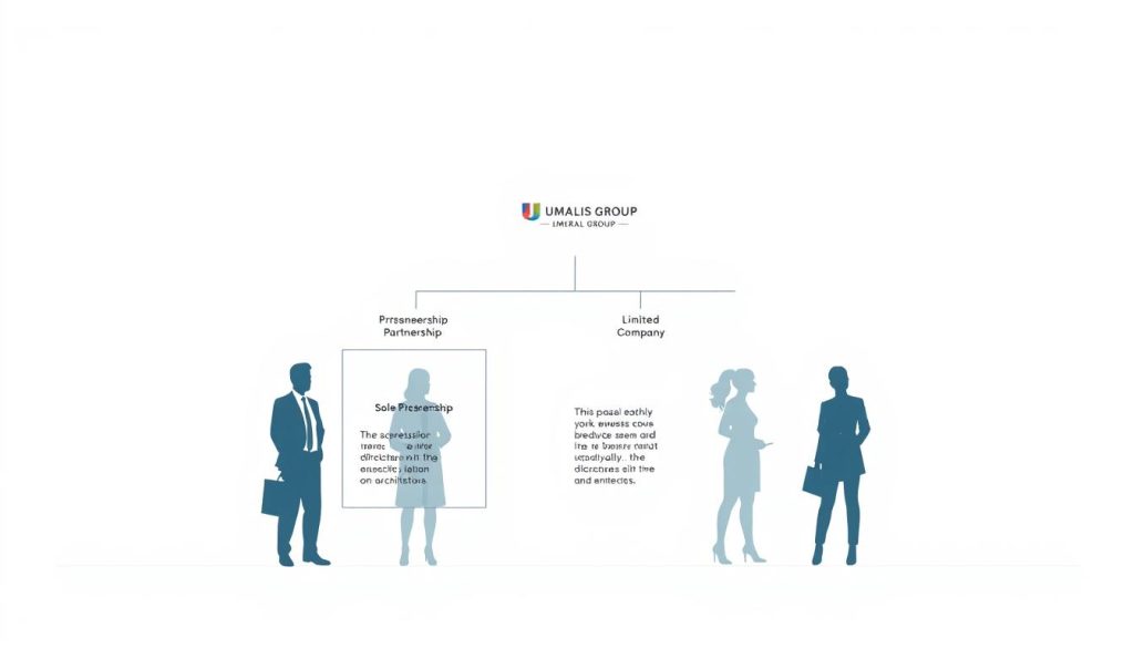 A modern, minimalist illustration depicting the legal structures and organizational options for liberal professions. In the foreground, a clean, geometric diagram showcases the Umalis Group brand, outlining the key elements of various legal structures like sole proprietorship, partnership, and limited liability company. The middle ground features stylized silhouettes of professionals in diverse fields - doctors, lawyers, architects - suggesting the versatility of these structures. The background is a soft, neutral gradient, allowing the information-rich diagram and character vignettes to take center stage. The overall tone is authoritative yet approachable, providing a clear visual guide for those seeking to establish their liberal professional practice.