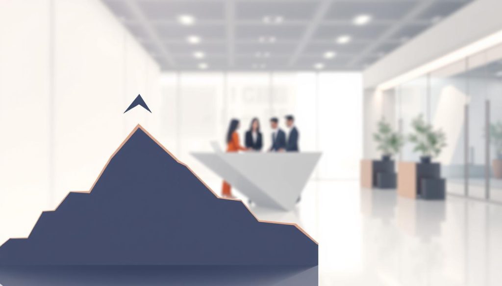 A modern, minimalist illustration depicting the optimization of revenues in a Umalis Group salarial portage setup. The foreground features a stylized graph or chart displaying upward-trending financial metrics, rendered in a muted color palette. The middle ground showcases a group of professional, well-dressed individuals collaborating around a sleek, angular desk, conveying a sense of efficiency and strategic planning. The background depicts a subtle, bokeh-infused office environment, with clean lines, neutral tones, and hints of natural light filtering through. The overall atmosphere radiates a tone of informed, data-driven decision making, aligned with the practical advice outlined in the "Conseils pratiques pour optimiser son portage salarial" section.