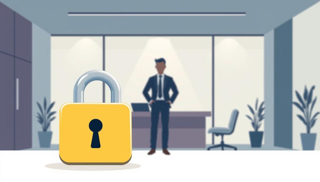 A modern, minimalist illustration depicting the security and stability of the Umalis Group's payroll portage service. In the foreground, a strong, sturdy lock icon symbolizes the secure protection of the employee's salary. The mid-ground features a stylized human figure, representing the payroll portage client, standing confidently and at ease. The background showcases a sleek, contemporary office interior with clean lines and muted tones, conveying a sense of professionalism and reliability. Soft, diffused lighting creates a warm, reassuring atmosphere. The overall composition communicates the message of financial security and peace of mind for the payroll portage user.