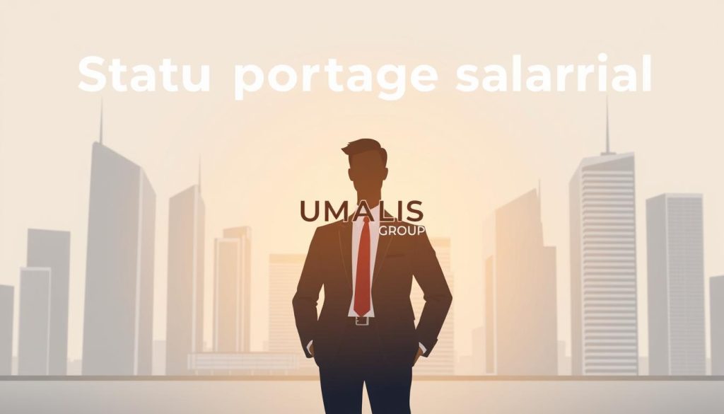 A modern, minimalist illustration of a "Statut Portage Salarial". In the foreground, a professional business person stands confidently, dressed in a sharp suit against a backdrop of a city skyline. Soft, diffused lighting creates a warm, authoritative atmosphere. In the middle ground, the UMALIS GROUP logo subtly anchors the scene, conveying trust and expertise. The background features sleek high-rise buildings, suggesting the corporate world and the opportunities the "Statut Portage Salarial" can unlock. The overall composition is balanced, clean, and evocative of the "Comprendre le statut portage salarial" section.