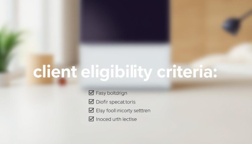 A modern, minimalist illustration of "client eligibility criteria" set against a softly blurred background. In the foreground, a clean, typographic layout with the text "Light Portage" prominently displayed. Layered beneath, a series of neatly organized checkboxes and bullet points detailing the key requirements, rendered in a crisp, legible font. The overall composition conveys a sense of professionalism and clarity, with balanced use of negative space and a muted color palette to create a visually appealing and easy-to-understand infographic.