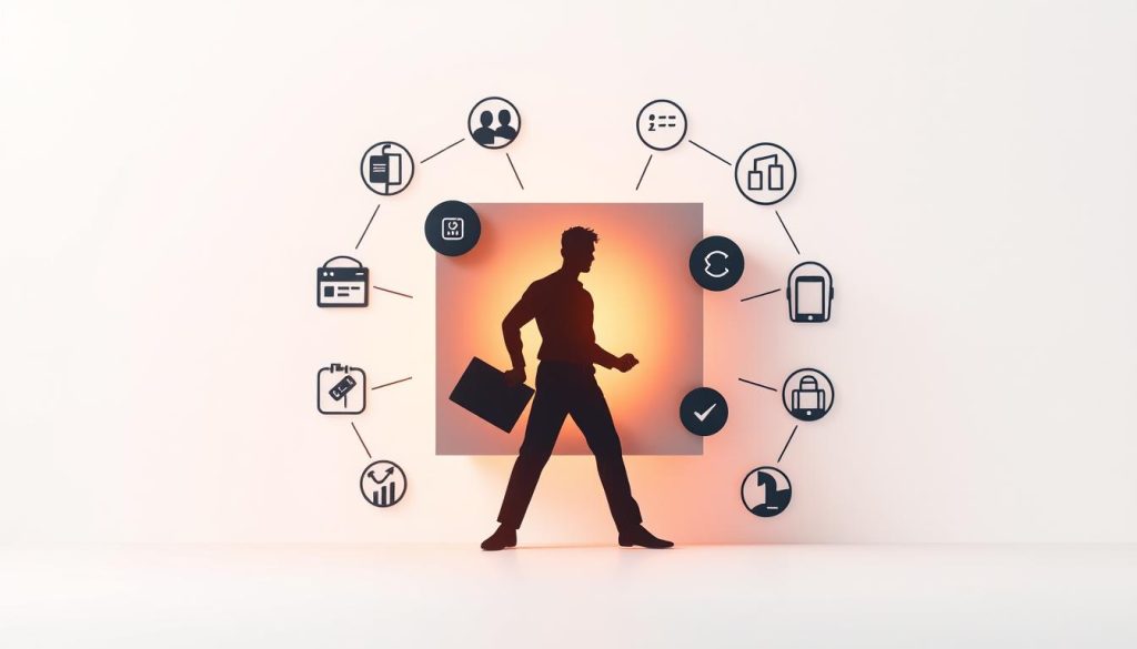 A modern, minimalist illustration of "couverture sociale portage salarial" by UMALIS GROUP. A central graphic of a human figure, silhouetted in a dynamic pose, surrounded by symbolic icons representing social security benefits and services. The figure is placed against a clean, gradient background with subtle textures, creating depth and a sense of professionalism. The lighting is soft and warm, evoking a sense of security and support. The overall composition is balanced and visually striking, effectively conveying the concept of "portage salarial et sécurité sociale".