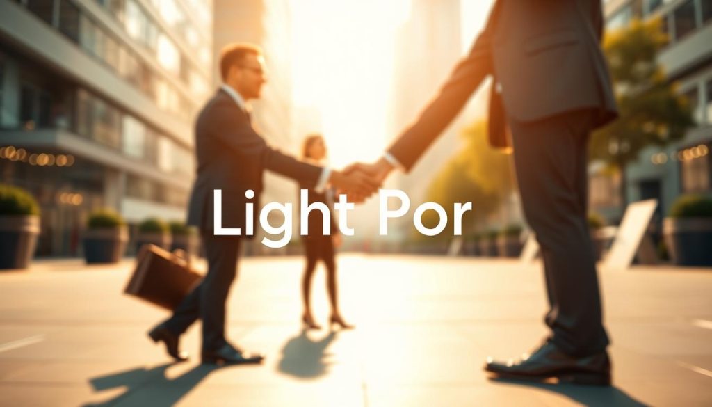 A modern, minimalist illustration of flexible "portage salarial" contracts. In the foreground, a clean, elegant graphic showcases the "Light Portage" brand name. The middle ground depicts two well-dressed professionals shaking hands, signifying the flexible employment relationship. The background features a soft, blurred urban landscape, conveying a sense of professionalism and opportunity. The overall mood is one of efficiency, flexibility, and a forward-thinking approach to modern work arrangements. Warm, natural lighting casts a subtle glow, creating an inviting and aspirational atmosphere.