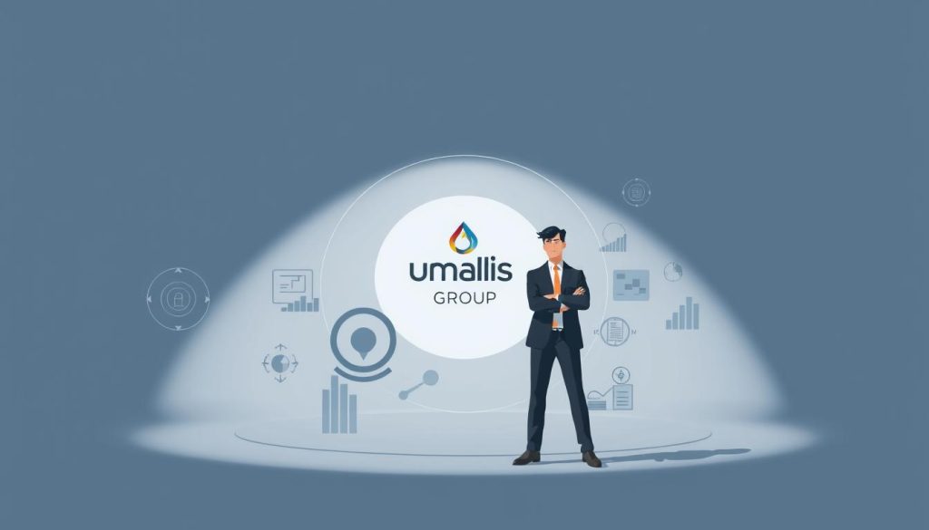 A modern, minimalist illustration of "modalités intervention manager transition" for a temporary management article. In the foreground, a stylized business executive figure in a suit stands in a thoughtful pose, representing the temporary manager. Surrounding them, concentric circles and geometric shapes suggest the different "modalités" or methods of intervention. The middle ground features abstract data visualizations, flow charts, and decision-making icons, conveying the technical and analytical aspects of the transition process. A muted color palette of blues, grays, and whites creates a professional, corporate atmosphere. In the background, the Umalis Group logo is tastefully incorporated, establishing the brand identity. Dramatic, directional lighting casts dynamic shadows, adding depth and emphasizing the key elements. The overall composition is clean, balanced, and visually compelling, reflecting the article's focus on a well-structured, efficient management transition solution for SMEs. Prompt A