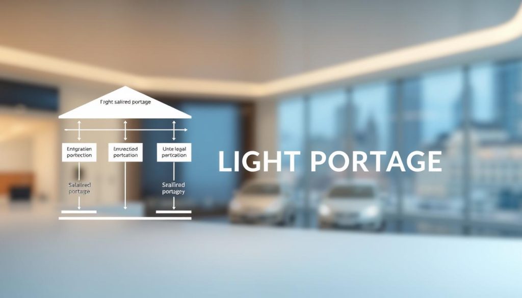 A modern, minimalist illustration of the legal framework for French salaried portage. In the foreground, a crisp, architectural diagram depicting the core elements of the salaried portage system, with clean lines and a sophisticated color palette. In the middle ground, the brand name "LIGHT PORTAGE" prominently displayed, conveying authority and professionalism. The background features a blurred cityscape, hinting at the urban, business-oriented context. The lighting is soft and directional, creating depth and highlighting the key visual components. The overall mood is one of clarity, credibility, and the seamless integration of independent work within a secure legal structure.