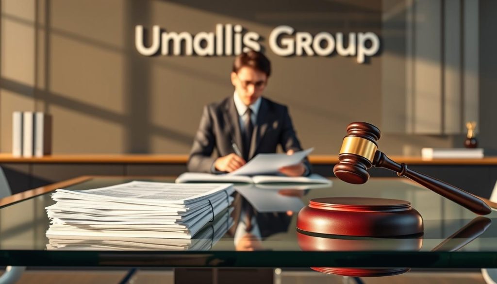 A modern, minimalist illustration of the legal framework for freelance employment consulting (portage salarial) at the Umalis Group. In the foreground, a stack of legal documents and a gavel rest on a sleek, glass desk, hinting at the regulatory obligations. In the middle ground, a well-dressed professional reviews paperwork, conveying the serious, administrative nature of this service. The background features the Umalis Group's brand logo, establishing the context. The scene is bathed in warm, natural lighting, creating a professional, authoritative atmosphere. A modern, minimalist illustration of the legal framework for freelance employment consulting (portage salarial) at the Umalis Group. In the foreground, a stack of legal documents and a gavel rest on a sleek, glass desk, hinting at the regulatory obligations. In the middle ground, a well-dressed professional reviews paperwork, conveying the serious, administrative nature of this service. The background features the Umalis Group's brand logo, establishing the context. The scene is bathed in warm, natural lighting, creating a professional, authoritative atmosphere.