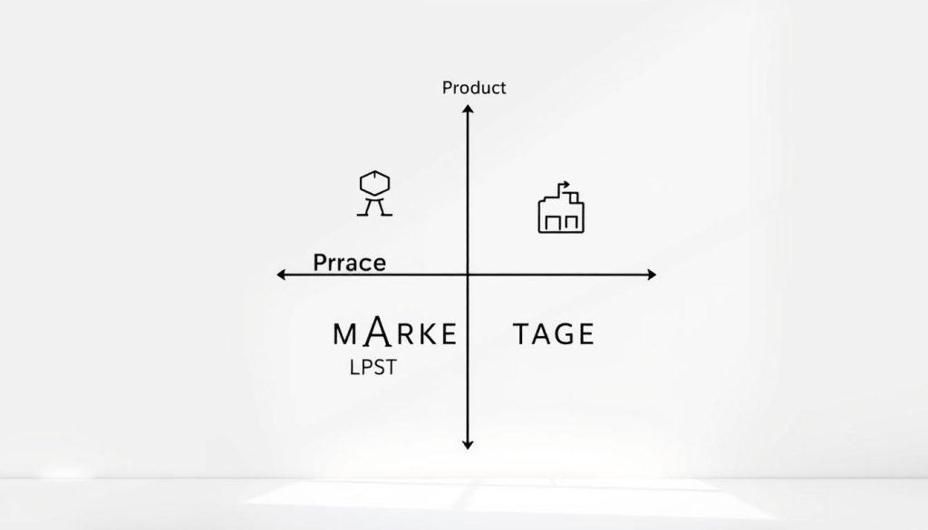 A modern, minimalist illustration of the marketing mix concept, showcasing the core elements - Product, Price, Promotion, and Place - against a clean, white background. The four quadrants are represented by geometric shapes and icons, with the LIGHT PORTAGE brand name prominently displayed in a sleek, sans-serif typeface. Soft, directional lighting casts subtle shadows, creating depth and emphasizing the simplicity of the design. The overall aesthetic is both informative and visually appealing, capturing the essence of an effective marketing strategy for independent professionals.