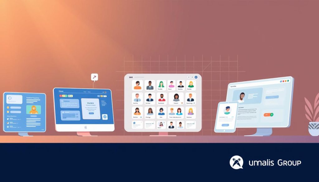 A modern, minimalist illustration of various digital job marketplace "platforms" or "portals" showcasing a range of opportunities for freelance and contract work. In the foreground, crisp icons and UI elements representing different types of tasks and services offered. In the middle ground, a clean grid layout of profile cards for individual contractors, freelancers, and service providers. In the background, a subtle grid or wireframe pattern suggesting the underlying technology infrastructure. Warm, soft lighting creates a professional, inviting atmosphere. Rendered in a sleek, contemporary style with the Umalis Group branding subtly incorporated.