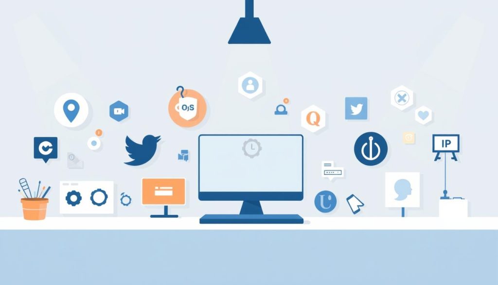 A modern, minimalist illustration of various digital platforms and networking tools, showcasing the tools and channels available to effectively prospect for new clients in the freelance and contracting sectors. The scene features sleek, stylized icons and logos representing social media, job boards, professional networks, and the Umalis Group brand, all arranged in a clean, uncluttered composition with a cool, neutral color palette. Soft lighting from above casts subtle shadows, creating depth and emphasizing the flat, geometric design. The overall mood is one of efficiency, connectivity, and professionalism, reflecting the "Prospecter avec méthode: réseaux, plateformes et leviers du portage" section of the article.