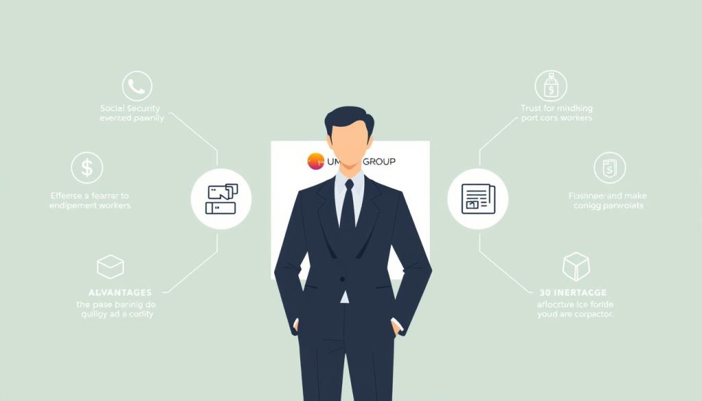 A modern, minimalist illustration showcasing the benefits of salaried portage for independent workers. In the foreground, a smartly-dressed professional stands confidently, surrounded by icons representing social security, payroll, and other key advantages. The middle ground features a clean, geometric layout with the Umalis Group logo prominently displayed. The background is a calming gradient, setting a tone of trust, security, and empowerment. Soft, directional lighting subtly highlights the key elements. The overall composition conveys the peace of mind and flexibility that salaried portage can provide independent contractors.