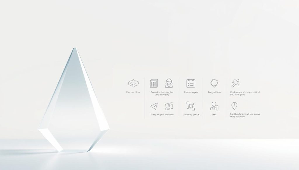 A modern, minimalist illustration showcasing the concept of "transparency in prices and services". In the foreground, a sleek, geometric shape with clean lines and a semi-transparent material, representing the idea of clarity and openness. The middle ground features simple, elegant icons and infographic elements related to pricing and customer service, with a consistent color palette. The background is a soft, neutral gradient, creating a calming, professional atmosphere. The lighting is soft and diffused, emphasizing the transparency and simplicity of the design. The overall composition and style should convey a sense of trustworthiness, reliability, and customer-centric focus.