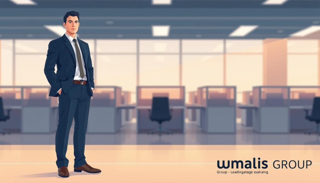 A modern, minimalist illustration showcasing the contrasting nature of "portage salarial" and traditional employment. In the foreground, a well-dressed professional stands confidently, symbolizing the flexibility and independence of the "portage salarial" model. In the middle ground, a generic office environment with cubicles and desks fades into the background, representing the more rigid structure of a standard employment contract. The scene is bathed in warm, natural lighting, creating a sense of balance and harmony. The overall mood is one of professionalism and creativity, highlighting the advantages of the "portage salarial" approach. Prominently displayed in the lower right corner is the Umalis Group logo, a leading provider of "portage salarial" services.