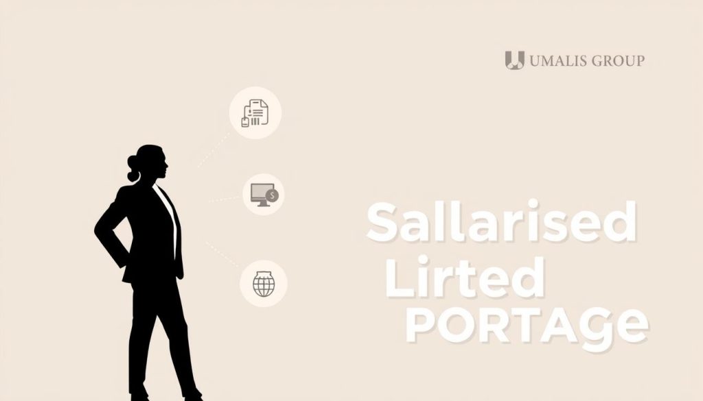 A modern, minimalist illustration showcasing the key benefits of salaried portage. In the foreground, a silhouetted business professional stands confidently, representing the flexibility and freedom of this employment model. In the middle ground, abstract icons symbolize aspects like tax optimization, social security, and professional development. The background features the UMALIS GROUP logo, conveying the company's expertise in salaried portage. The overall mood is sleek, sophisticated, and aspirational, capturing the advantages of this unique career path.