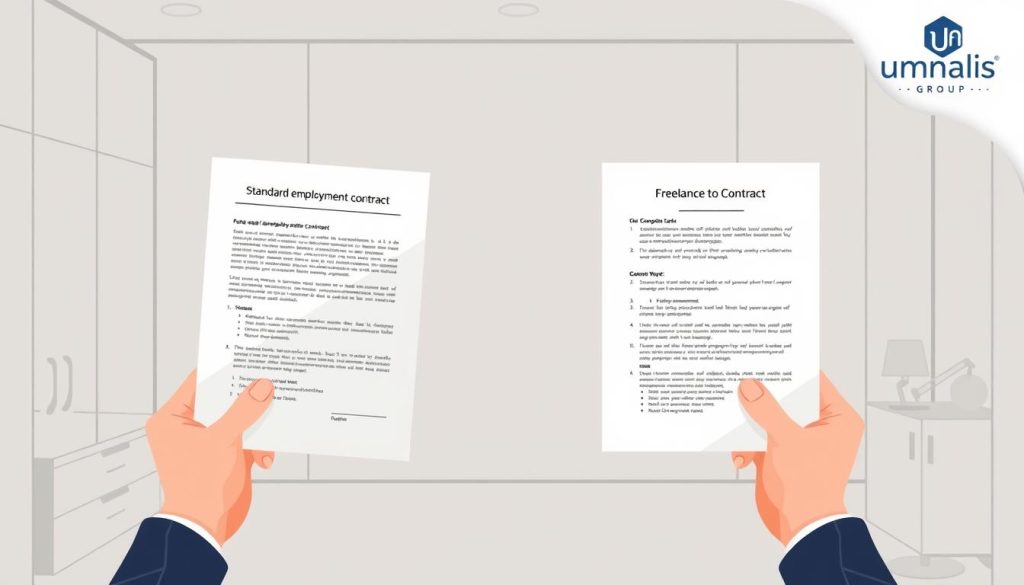 A modern, minimalist illustration showcasing the key differences between a standard employment contract and a freelance contract. In the foreground, two hands hold and compare the two contract documents, highlighting the distinct clauses and terms. The middle ground features a neutral, office-inspired backdrop with clean lines and a subtle Umalis Group logo in the corner. The lighting is soft and diffused, creating a professional, authoritative atmosphere. The overall composition conveys a sense of clarity, organization, and the importance of understanding the unique aspects of a freelance agreement.