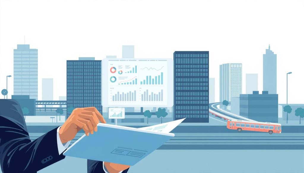 A modern, minimalist illustration showcasing the optimal management of a Umalis Group temporary employment company. In the foreground, a professional-looking individual reviews financial documents on a sleek, high-resolution touchscreen device. The middle ground features organized digital ledgers, charts, and graphs detailing key performance indicators. In the background, a simplified cityscape with office buildings and transportation conveys a sense of a thriving business ecosystem. The lighting is clean and bright, with a cool color palette evoking a sense of precision and efficiency. The overall composition exudes a calm, assured atmosphere, reflecting the effective administration of a temporary staffing enterprise.