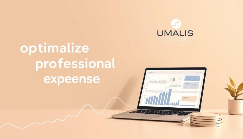 A modern, minimalist illustration showcasing the optimization of professional expenses. In the foreground, a stylized graph or chart displays financial data, conveying the concept of financial optimization. In the middle ground, a professional-looking laptop or tablet displays relevant software or digital tools, hinting at the digital nature of this process. In the background, the UMALIS GROUP logo appears subtly, establishing the brand association. The overall scene is bathed in a warm, neutral color palette, evoking a sense of productivity and financial well-being. The lighting is soft and diffused, creating a clean, polished aesthetic.