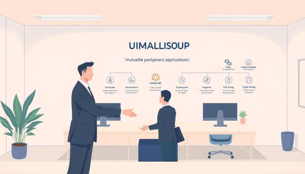 A modern, minimalist illustration showcasing the process of "mutuelle portage salarial" within the UMALIS GROUP ecosystem. The scene depicts a professional office setting with clean lines, pastel colors, and subtle textures. In the foreground, two business people in suits shake hands, symbolizing the collaboration between the employee and the UMALIS GROUP. In the middle ground, a simplified workflow diagram illustrates the key steps of the "mutuelle portage salarial" process. The background features the UMALIS GROUP logo and stylized icons representing the various services and benefits offered. The lighting is soft and diffused, creating a calm and professional atmosphere. The camera angle is slightly elevated, giving the viewer a birds-eye perspective on the scene.