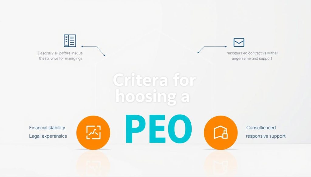 A modern, minimalist infographic showcasing the key factors for choosing a professional employer organization (PEO) service, such as the Umalis Group. In the foreground, crisp icons symbolize essential criteria like financial stability, legal expertise, flexible contracts, and responsive support. The middle ground features clean typography highlighting "Criteria for Choosing a PEO" against a simple geometric background, emphasizing clarity and organization. The background offers a subtle gradient, providing depth and a sense of professionalism. The overall aesthetic conveys a well-researched, trustworthy, and visually appealing resource for consultants navigating the PEO landscape. A modern, minimalist infographic showcasing the key factors for choosing a professional employer organization (PEO) service, such as the Umalis Group. In the foreground, crisp icons symbolize essential criteria like financial stability, legal expertise, flexible contracts, and responsive support. The middle ground features clean typography highlighting "Criteria for Choosing a PEO" against a simple geometric background, emphasizing clarity and organization. The background offers a subtle gradient, providing depth and a sense of professionalism. The overall aesthetic conveys a well-researched, trustworthy, and visually appealing resource for consultants navigating the PEO landscape.