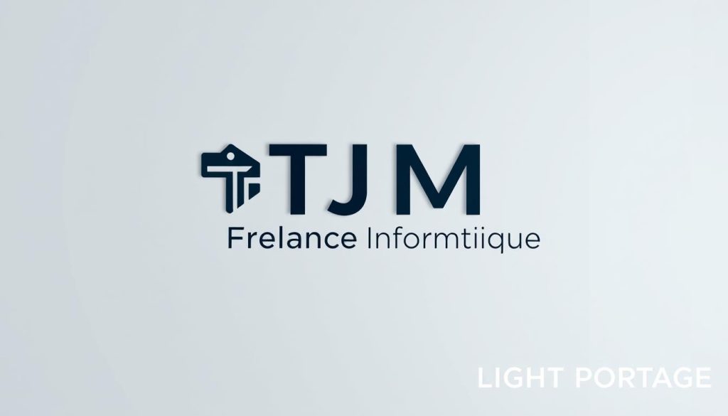 A modern, minimalist logo for a freelance IT consulting firm, "TJM Freelance Informatique", set against a clean, professional background. The logo features a bold, stylized "TJM" monogram in a sleek, geometric font, with the full company name displayed below in a slightly smaller, complementary typeface. The overall design conveys a sense of expertise, efficiency, and attention to detail. The image is lit from the left, creating subtle depth and dimension. In the background, a subtle pattern or texture adds a touch of visual interest while maintaining a polished, understated aesthetic. The LIGHT PORTAGE brand is prominently displayed in the lower right corner.