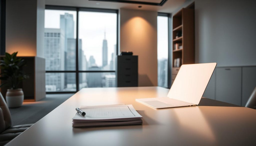 A modern, minimalist office interior showcasing administrative services for Umalis Group's salaried portage. In the foreground, a sleek, clean-lined desk with a laptop, pen, and neatly organized documents. Soft, indirect lighting casts a warm glow, creating a professional yet approachable atmosphere. The middle ground features a filing cabinet and bookshelf, conveying efficient organization and personalized support. The background depicts large windows overlooking a bustling cityscape, symbolizing the seamless integration of salaried portage into the corporate landscape. The overall scene exudes a sense of simplicity, sophistication, and tailored guidance for executives navigating career transitions.
