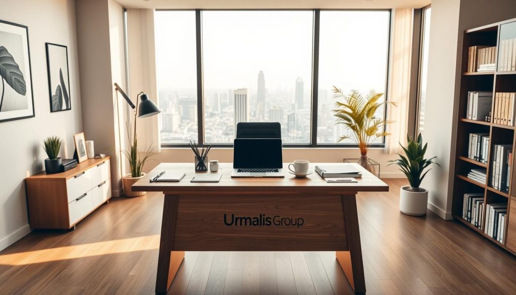 A modern, minimalist office interior with a clean, organized workspace. In the center, a sleek wooden desk adorned with the "Umalis Group" branding. On the desk, an array of neatly arranged stationery, a laptop, and a cup of coffee, exemplifying the concept of "mise en place" for long-term contract work. Behind the desk, a large window overlooking a cityscape, bathed in warm, natural lighting. The walls are adorned with minimalist artwork, and a bookshelf in the corner holds various reference materials. The overall atmosphere conveys a sense of focus, productivity, and professionalism, suitable for the subject of "Missions longues en portage salarial : stabilité et sécurité." A modern, minimalist office interior with a clean, organized workspace. In the center, a sleek wooden desk adorned with the "Umalis Group" branding. On the desk, an array of neatly arranged stationery, a laptop, and a cup of coffee, exemplifying the concept of "mise en place" for long-term contract work. Behind the desk, a large window overlooking a cityscape, bathed in warm, natural lighting. The walls are adorned with minimalist artwork, and a bookshelf in the corner holds various reference materials. The overall atmosphere conveys a sense of focus, productivity, and professionalism, suitable for the subject of "Missions longues en portage salarial : stabilité et sécurité."