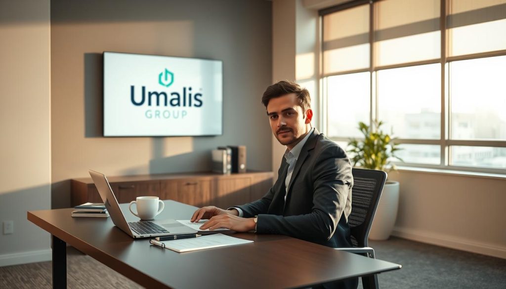A modern, minimalist office interior with a desk, chair, and a wall display featuring the Umalis Group logo. Soft, natural lighting filters through large windows, casting a warm glow. On the desk, a laptop, some documents, and a mug of coffee suggest an efficient yet relaxed work environment. In the foreground, a professional-looking individual, smartly dressed, is seated at the desk, focused on their work. The overall atmosphere conveys a sense of productivity, organization, and personalized administrative support for the autonomous worker.