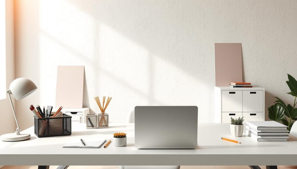A modern, minimalist office interior with a large desk, an open laptop, and various stationery items arranged neatly. Soft, natural lighting illuminates the scene, creating a warm and productive atmosphere. In the background, a clean, white wall with a subtle texture serves as a backdrop, allowing the focus to remain on the content creation tools and workflow. The overall composition conveys a sense of organization, efficiency, and a well-thought-out content creation strategy.