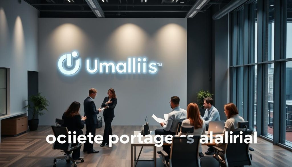 A modern, minimalist office interior with a welcoming, professional atmosphere. The Umalis Group logo is prominently displayed on a large wall, conveying the company's branding. In the foreground, a group of businesspeople are engaged in a meeting, discussing paperwork and gesturing animatedly. The middle ground features sleek, ergonomic furniture and equipment, creating a sense of productivity. The background showcases floor-to-ceiling windows, allowing natural light to flood the space and creating a sense of openness and transparency. The overall scene conveys the concept of "société portage salarial" - a professional, collaborative work environment where employees can thrive.