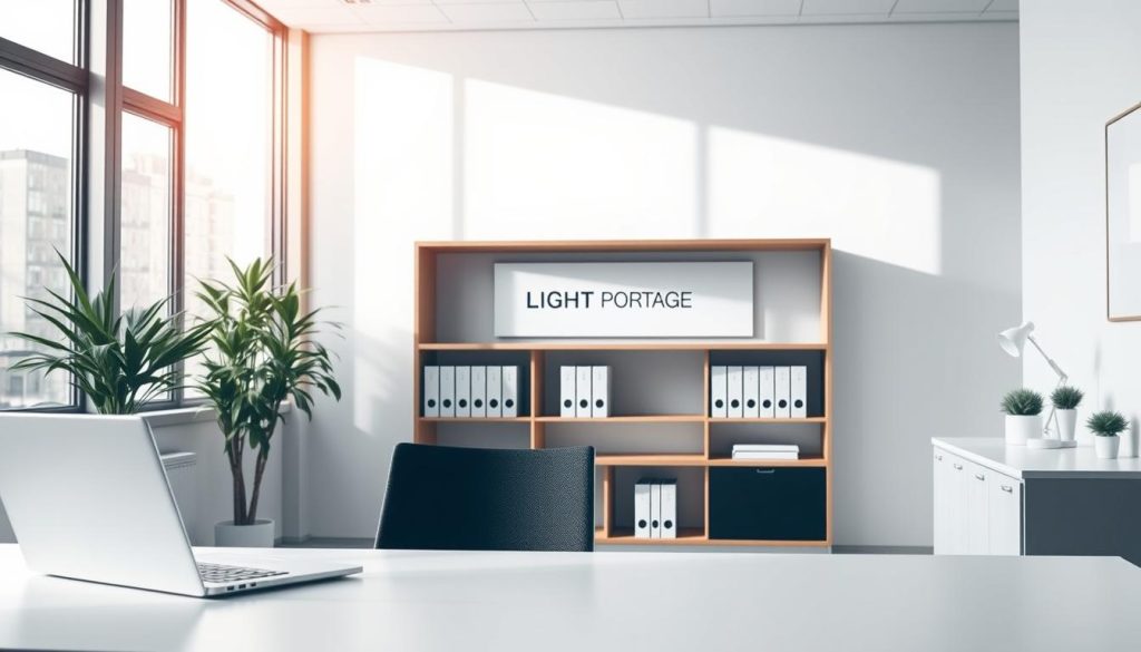 A modern, minimalist office interior with clean lines and a bright, airy atmosphere. In the foreground, a sleek desk with a laptop and minimal decor, representing the professional and organized nature of the "cadre légal portage salarial". In the middle ground, a bookshelf displaying the LIGHT PORTAGE brand, symbolizing the legal and regulatory framework governing the practice of portage salarial. The background features large windows allowing natural light to flood the space, conveying a sense of transparency and openness. The overall mood is one of efficiency, professionalism, and compliance with the regulatory landscape.