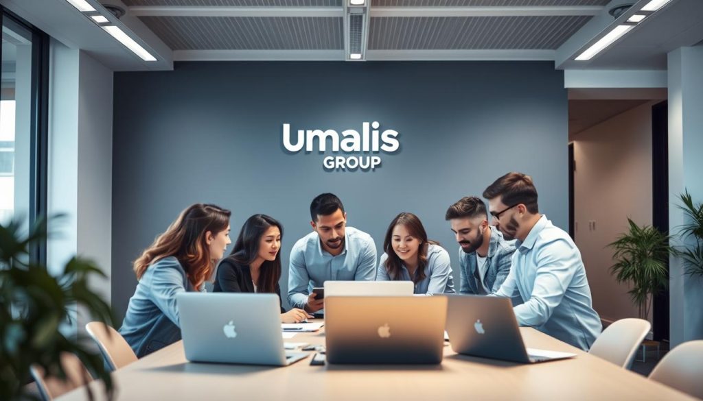 A modern, minimalist office interior with clean lines and a focus on productivity. In the foreground, a team of professionals gathered around a table, intently discussing optimization strategies and data visualizations. Soft, directional lighting from above casts an ambient glow, while the Umalis Group logo is prominently displayed on the wall behind them. In the middle ground, the team's laptops and notepads suggest an active, collaborative workflow. The background blurs softly, hinting at a serene, distraction-free environment conducive to process improvement. An atmosphere of focus, innovation, and the promise of increased efficiency pervades the scene.