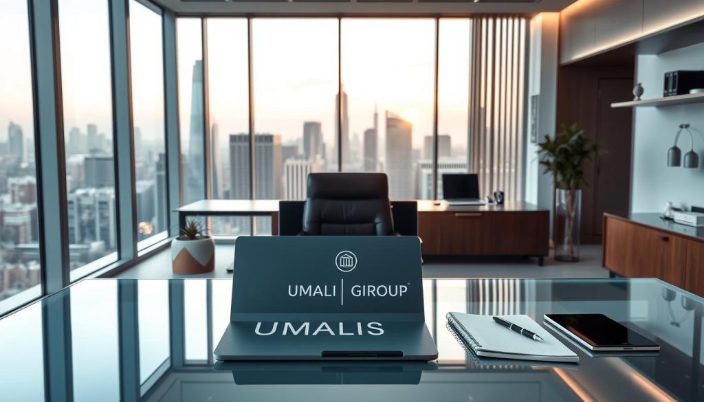 A modern, minimalist office interior with clean lines and a professional atmosphere. In the foreground, a sleek, glass-topped desk with a laptop, pen, and notebook. On the desk, the UMALIS GROUP logo is prominently displayed. The middle ground features a comfortable, ergonomic office chair and a large, floor-to-ceiling window overlooking a bustling city skyline. The background is filled with modern, subtle decor elements that create a sense of sophistication and reliability. Soft, directional lighting casts a warm glow throughout the scene, reinforcing the trustworthy and transparent nature of the business. The overall composition conveys a sense of professionalism, attention to detail, and a commitment to providing a secure and reliable portage salarial service.