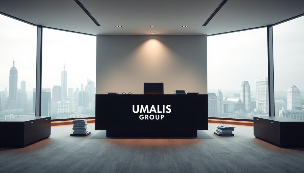 A modern, minimalist office interior with clean lines and a sleek, professional atmosphere. In the center, a large desk with the UMALIS GROUP logo prominently displayed. Behind it, floor-to-ceiling windows offer a panoramic view of a bustling city skyline. On the desk, various legal documents and a laptop symbolize the "cadre légal portage salarial" concept. Subtle, muted lighting casts a warm glow over the scene, creating a sense of authority and credibility. The overall composition conveys the legal and regulatory framework that governs the "portage salarial" employment model in France.