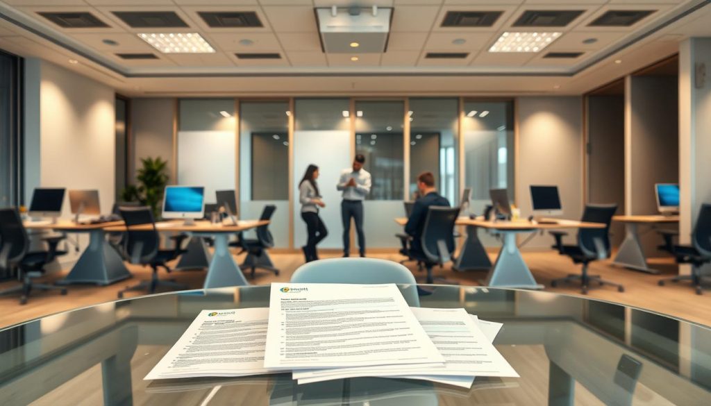 A modern, minimalist office interior with flexible work desks and ergonomic chairs. Soft, diffused lighting from overhead fixtures casts a warm glow, creating a relaxed and productive atmosphere. The foreground showcases a group of flexible work contracts on a glass table, representing the adaptable nature of the Umalis Group's staffing solutions. In the middle ground, several professionals collaborate around a central hub, embodying the collaborative spirit of the company. The background features sleek, modular partitions that can be easily rearranged, symbolizing the flexibility and customization offered by the Umalis Group's services.