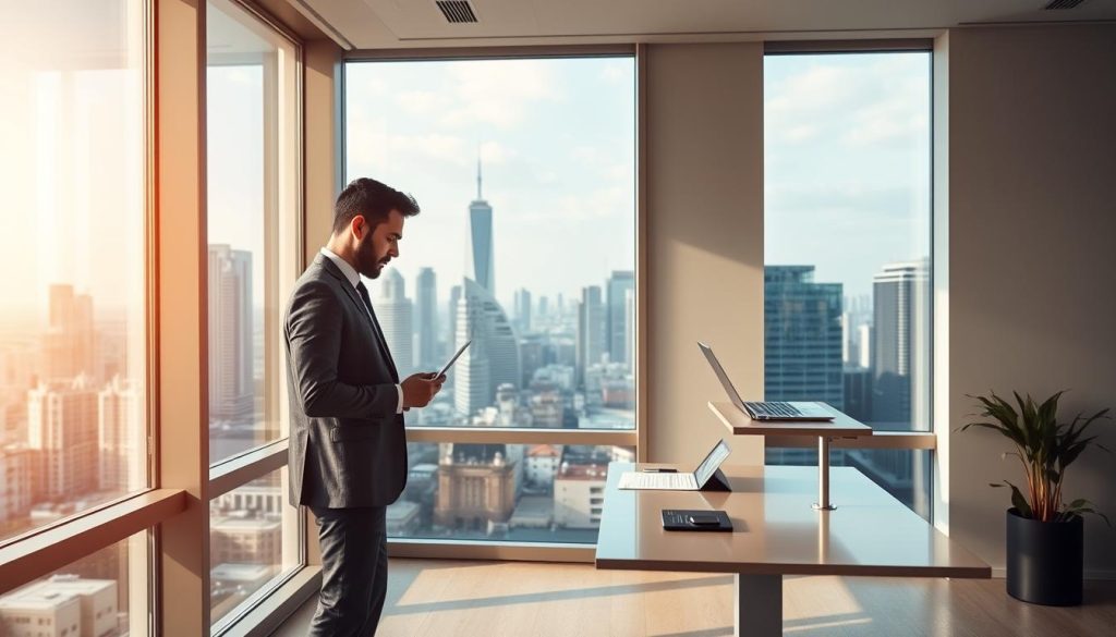 A modern, minimalist office interior with floor-to-ceiling windows overlooking a bustling city skyline. In the foreground, a well-dressed professional standing at a standing desk, intently studying charts and graphs on their laptop, embodying the freedom and flexibility of Umalis Group's salarial portage services. Soft, directional lighting illuminates the scene, casting a warm, productive glow. The overall mood is one of focused efficiency and entrepreneurial empowerment.
