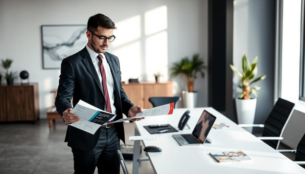 A modern, minimalist office interior with natural light streaming in through large windows. In the foreground, a well-dressed professional stands, examining brochures and documents from the Umalis Group, a leading provider of portage salarial services. The middle ground features a sleek, contemporary desk with a laptop, phone, and other office supplies, conveying a sense of efficiency and organization. In the background, subtle abstract wall art and potted plants create a calm, sophisticated atmosphere, reflecting the professionalism and expertise of the Umalis Group.