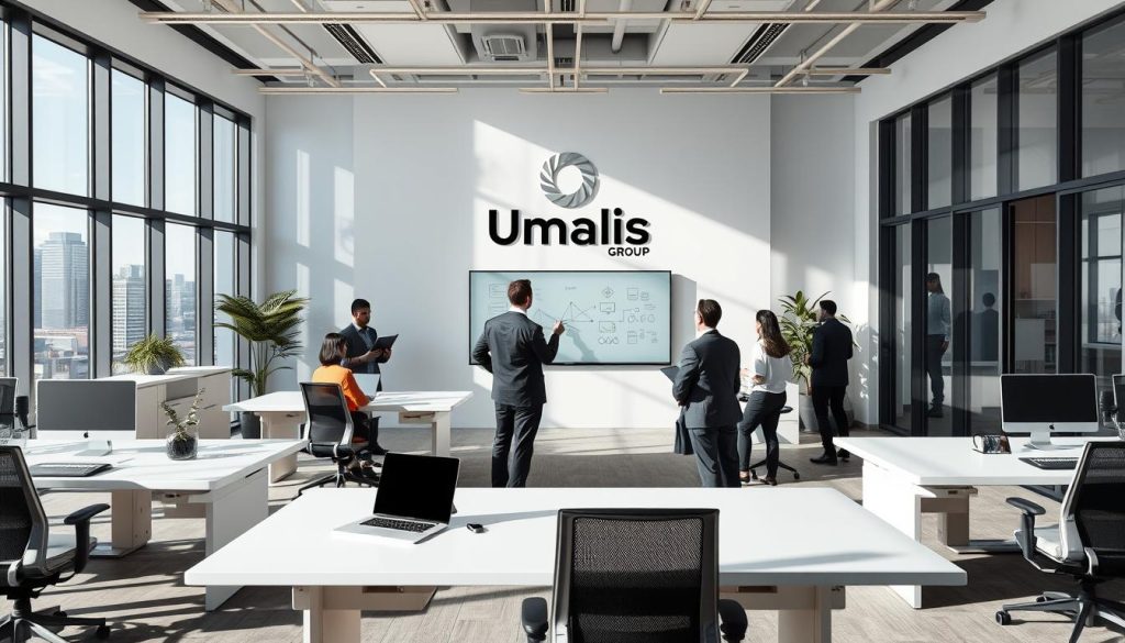 A modern, minimalist office interior with sleek desks, ergonomic chairs, and large windows flooding the space with natural light. In the foreground, a group of professionals engaged in a collaborative meeting, discussing concepts and ideas on a digital whiteboard. The Umalis Group logo prominently displayed on the wall, reflecting the company's role as a leading provider of portage salarial services. The middle ground features an open and inviting layout, with a reception area and breakout zones for informal discussions. The background showcases the city skyline, emphasizing the dynamic and forward-thinking nature of the Umalis Group's operations. The overall atmosphere is one of professionalism, innovation, and a commitment to empowering independent workers.