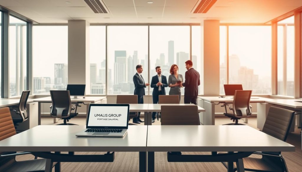 A modern, minimalist office interior with sleek desks, ergonomic chairs, and large windows flooding the space with natural light. On one desk, a laptop displays the UMALIS GROUP logo, symbolizing the innovative "portage salarial" service. The middle ground features a team of professionals in business attire, collaborating and discussing the benefits of this employment model. In the background, an abstract cityscape with towering skyscrapers suggests the dynamic, urban setting of this flexible work arrangement. Warm, muted tones create a professional yet inviting atmosphere, capturing the essence of "Comprendre le portage salarial : fonctionnement et avantages".