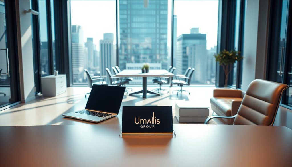 A modern, minimalist office interior with sleek furniture and clean lines. In the foreground, a large, sophisticated desk with a laptop, notepad, and a small Umalis Group logo plaque. The middle ground features ergonomic chairs and a minimalist conference table, while the background showcases floor-to-ceiling windows overlooking a vibrant cityscape. The lighting is warm and natural, creating a professional yet welcoming atmosphere. The overall composition conveys the efficiency, organization, and corporate identity of a société portage gestion administrative.