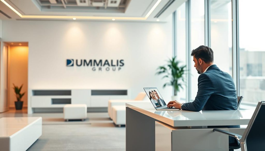 A modern, minimalist office interior with warm lighting and clean lines. In the foreground, a consultant in business attire sits at a desk, intently focused on a laptop screen, communicating with a client via video call. Sleek, white furniture and large windows create an airy, professional atmosphere. In the background, the UMALIS GROUP logo is subtly displayed on the wall, indicating the consultant's affiliation. The scene conveys a sense of efficient, collaborative communication between the consultant and their client.