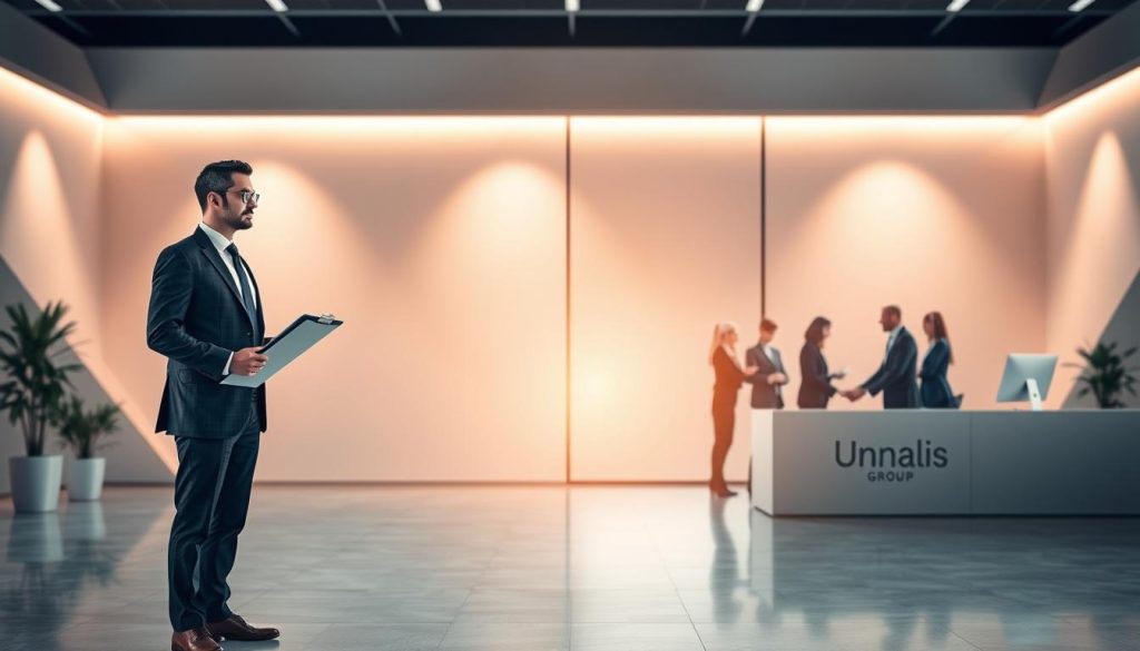 A modern, minimalist office scene depicting the contrast between transition management and consulting. In the foreground, a businessman in a suit stands with a clipboard, symbolizing the hands-on, temporary nature of transition management. In the middle ground, a group of professionals in business attire confer around a table, representing the advisory role of consultants. The background features sleek, angular architecture with large windows, bathed in warm, directional lighting to convey a sense of professionalism and authority. The Umalis Group logo is discreetly displayed on a wall or desk, providing a subtle branding element.